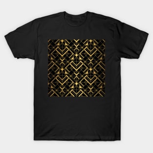 Thick Black and Gold Vintage Art Deco Geometric Square Tiled Pattern T-Shirt